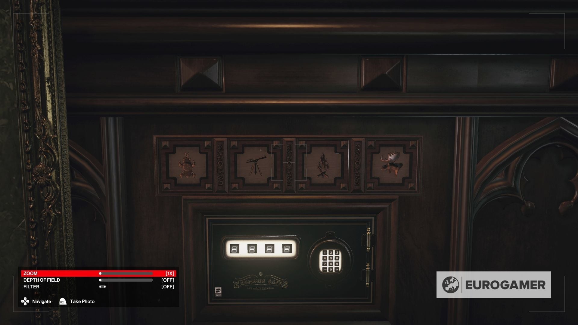 Bốn biểu tượng gợi ý mật mã két sắt Dartmoor phía trên két sắt - Hitman 3