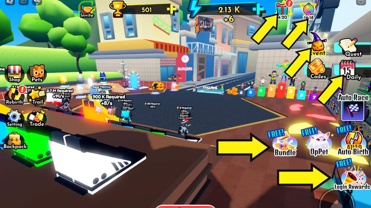 Các biểu tượng nhận quà miễn phí trong Bike Race Simulator như quà tặng, vòng quay may mắn, sự kiện