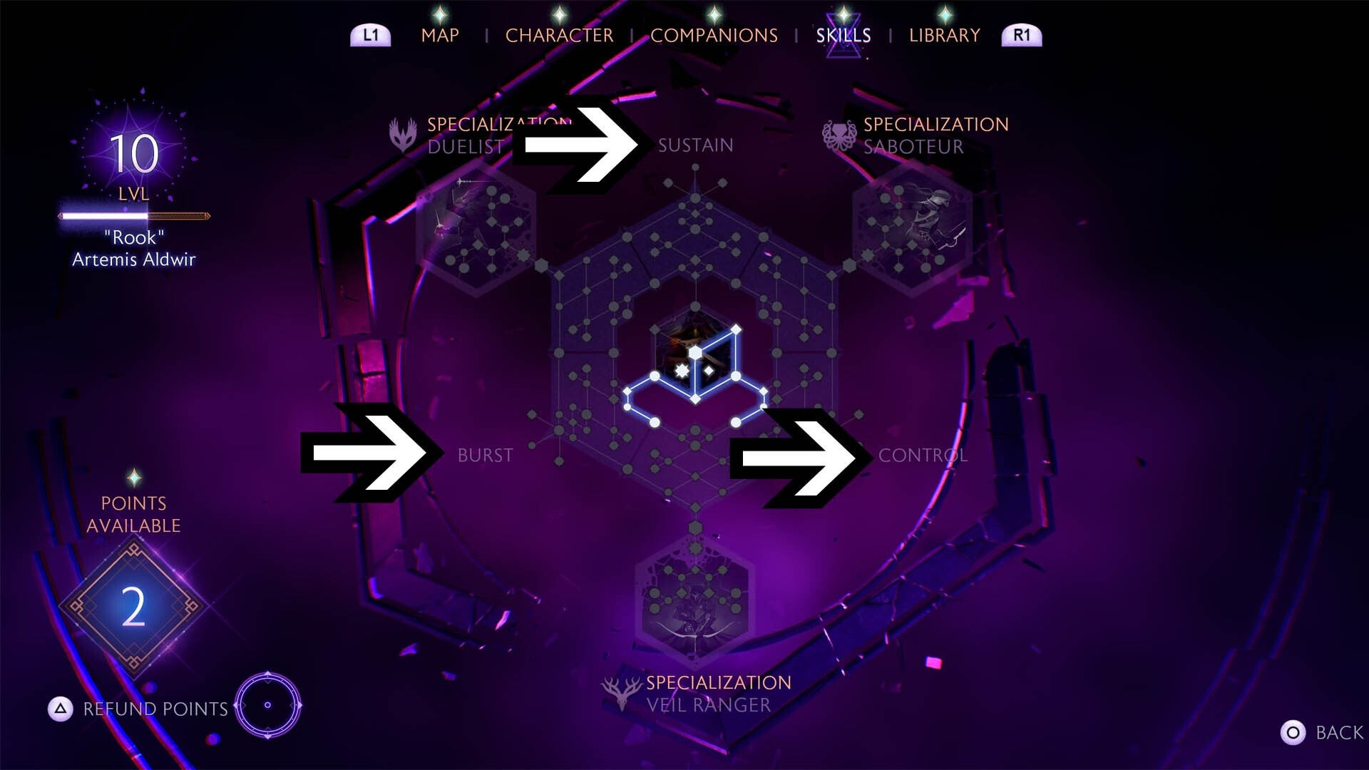 Các điểm đánh dấu Burst, Sustain, Control trên cây kỹ năng của Rook trong Dragon Age The Veilguard