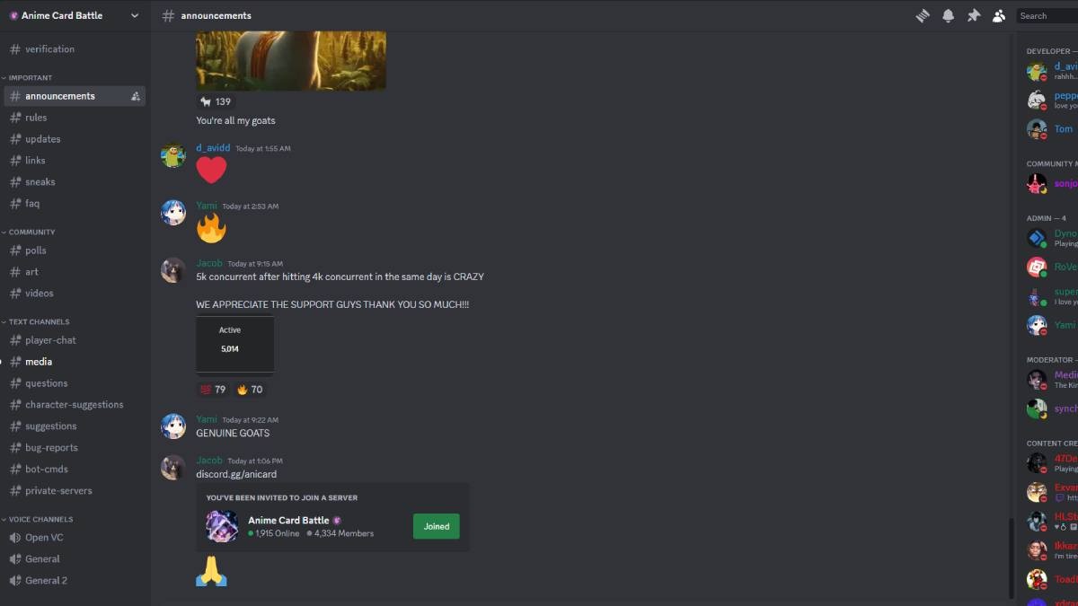 Các kênh chat trên máy chủ Discord Anime Card Battle