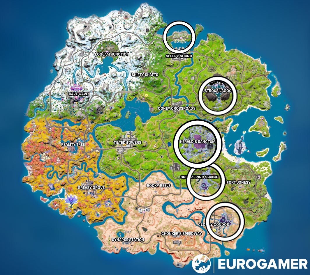 Các khu vực có nhiều cấu trúc chrome trong Fortnite. Đáng chú ý là nếu bạn chơi với bạn bè, bạn có thể nhờ họ ném Chrome Splash vào xe bạn đang lái để trở nên chrome hóa, thay vì phải tự làm.