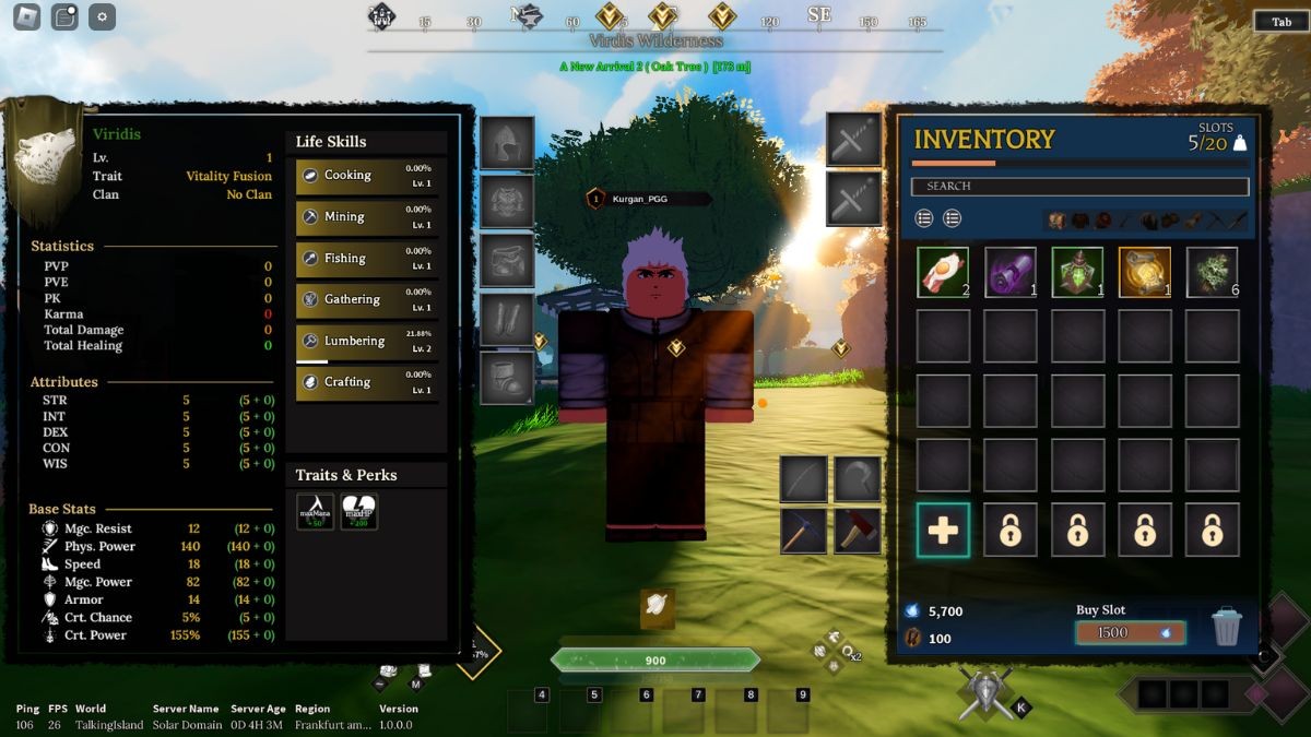 Cách mở túi đồ nhân vật bằng phím backquote trong game Devas of Creation