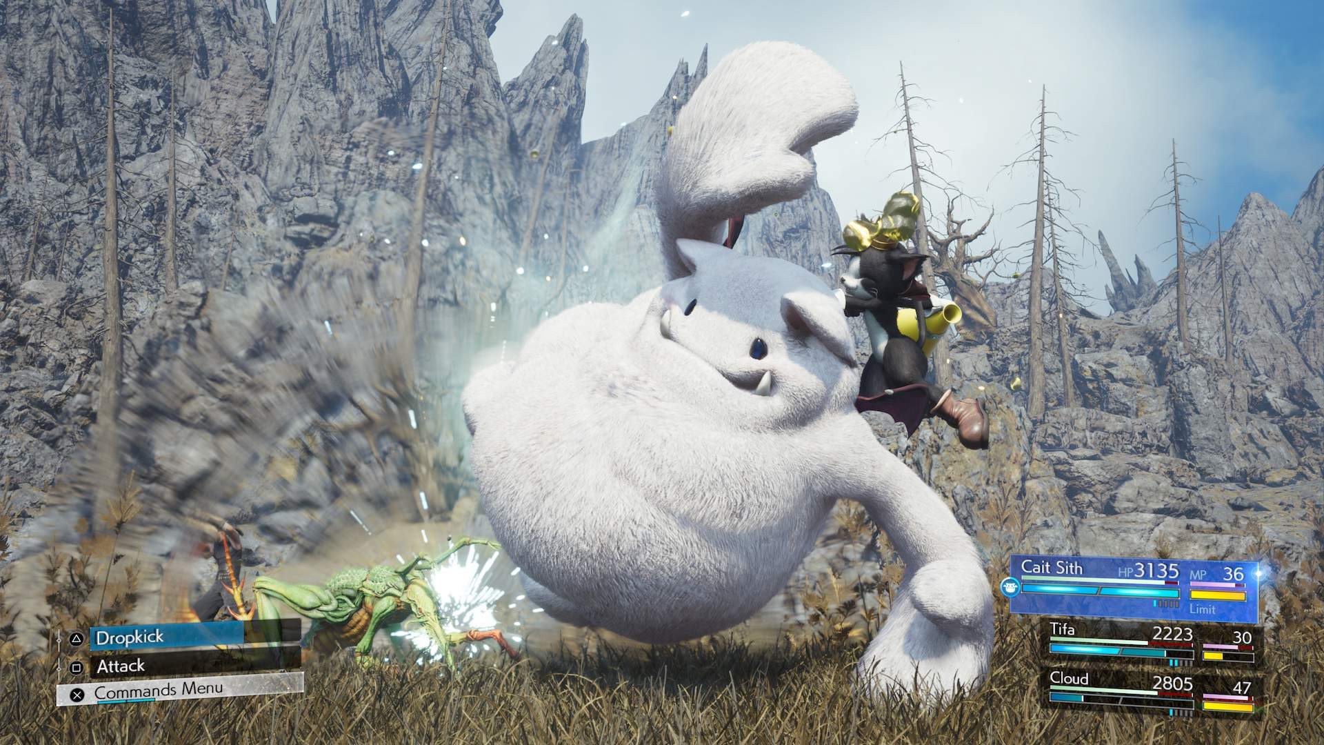 Cait Sith cưỡi Moogle thực hiện cú đá trong trận chiến FF7 Rebirth
