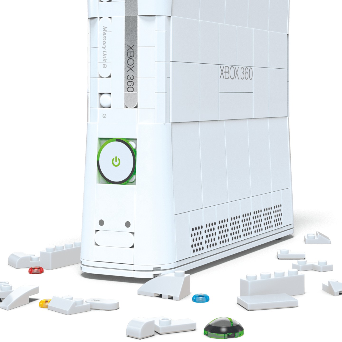 Cận cảnh chi tiết bộ lắp ráp Xbox 360 của Mattel Mega thể hiện các cổng kết nối