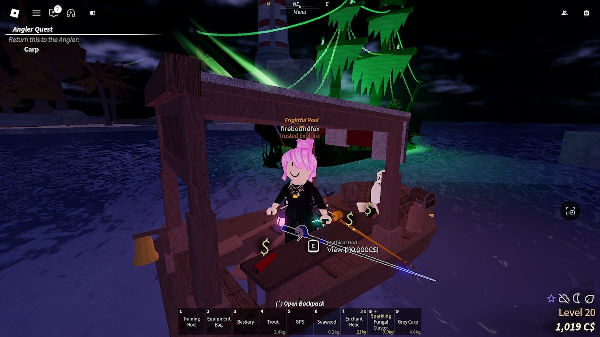 Cần câu Thần Thoại (Mythical Rod) được bán bởi Thương Nhân Du Hành trong Fisch Roblox