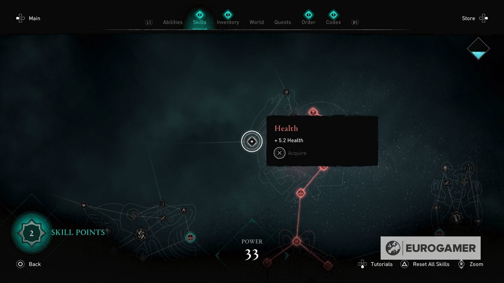 Cây kỹ năng khổng lồ trong AC Valhalla nơi người chơi phân bổ Skill Points để tăng Power Level