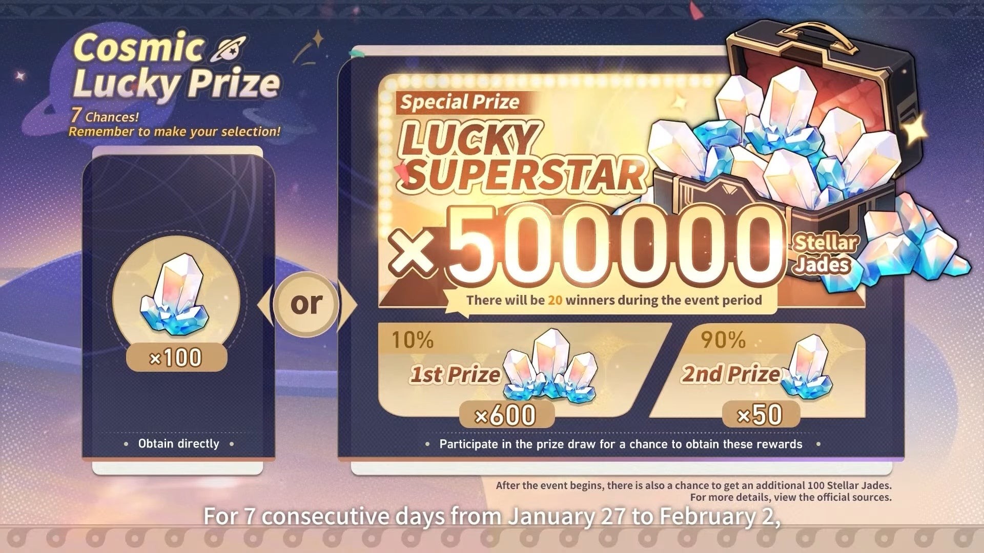 Chi tiết sự kiện Cosmic Lucky Prize trong Honkai Star Rail 3.0 với phần thưởng Ngọc Ánh Sao