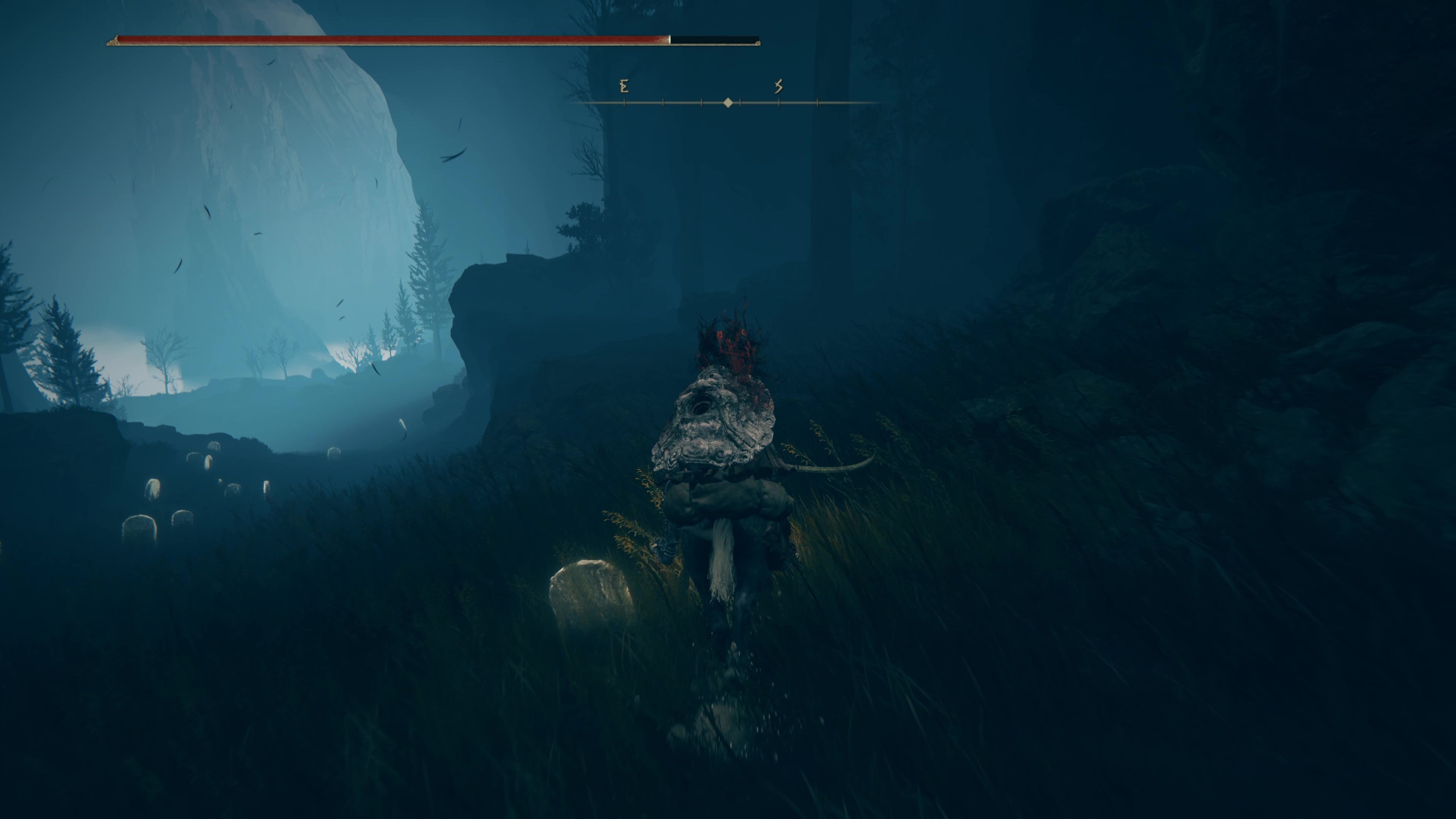 Chiến binh Tarnished cưỡi Torrent đi xuống con dốc gần Castle Front, một lựa chọn để bỏ qua lâu đài và hướng đến Cerulean Coast trong Elden Ring Shadow of the Erdtree.