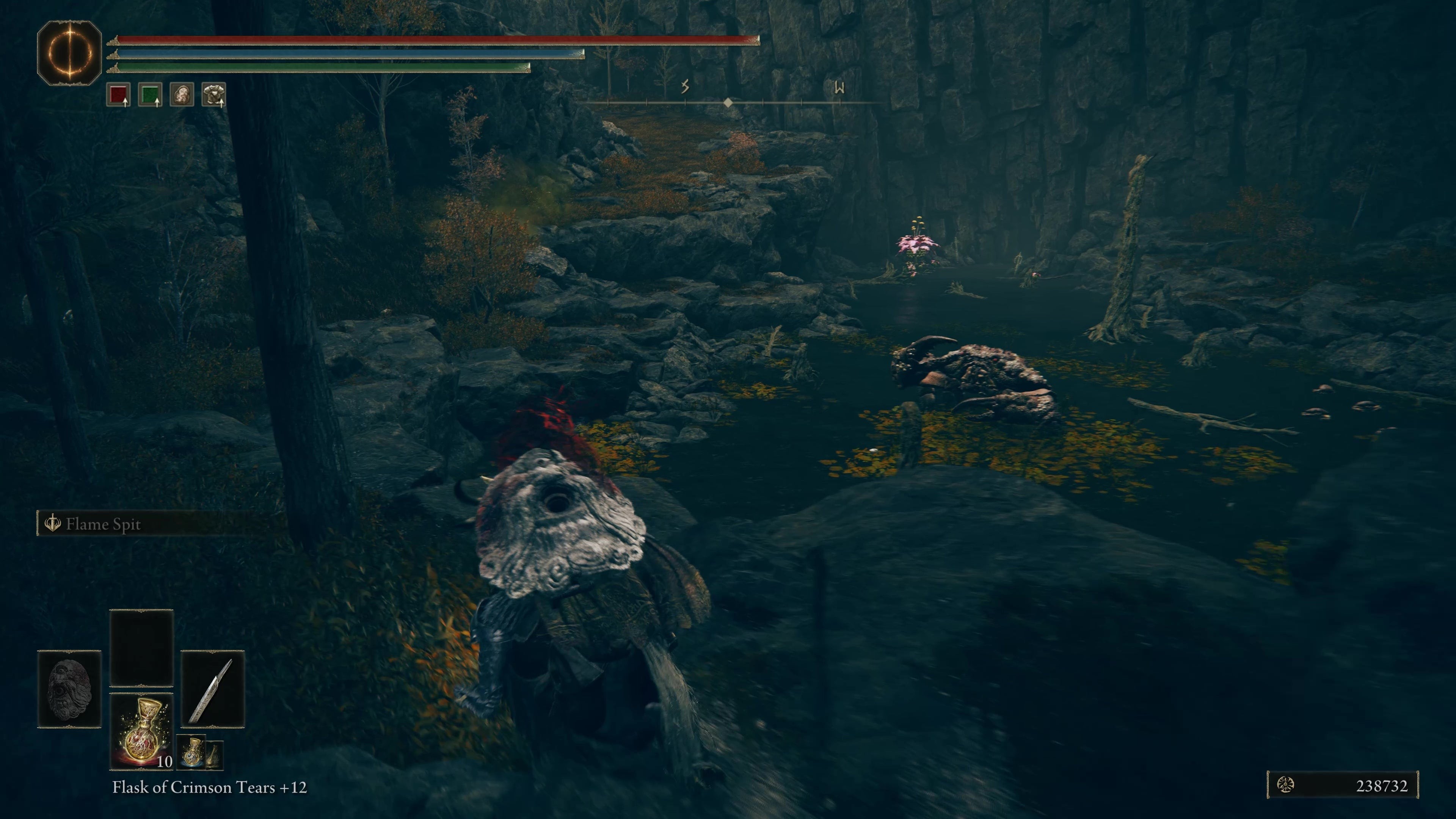 Chiến binh Tarnished tiếp cận một con cua khổng lồ và cây độc Miranda Sprout gần lối vào hang động trên đường đến Cerulean Coast trong Elden Ring Shadow of the Erdtree.