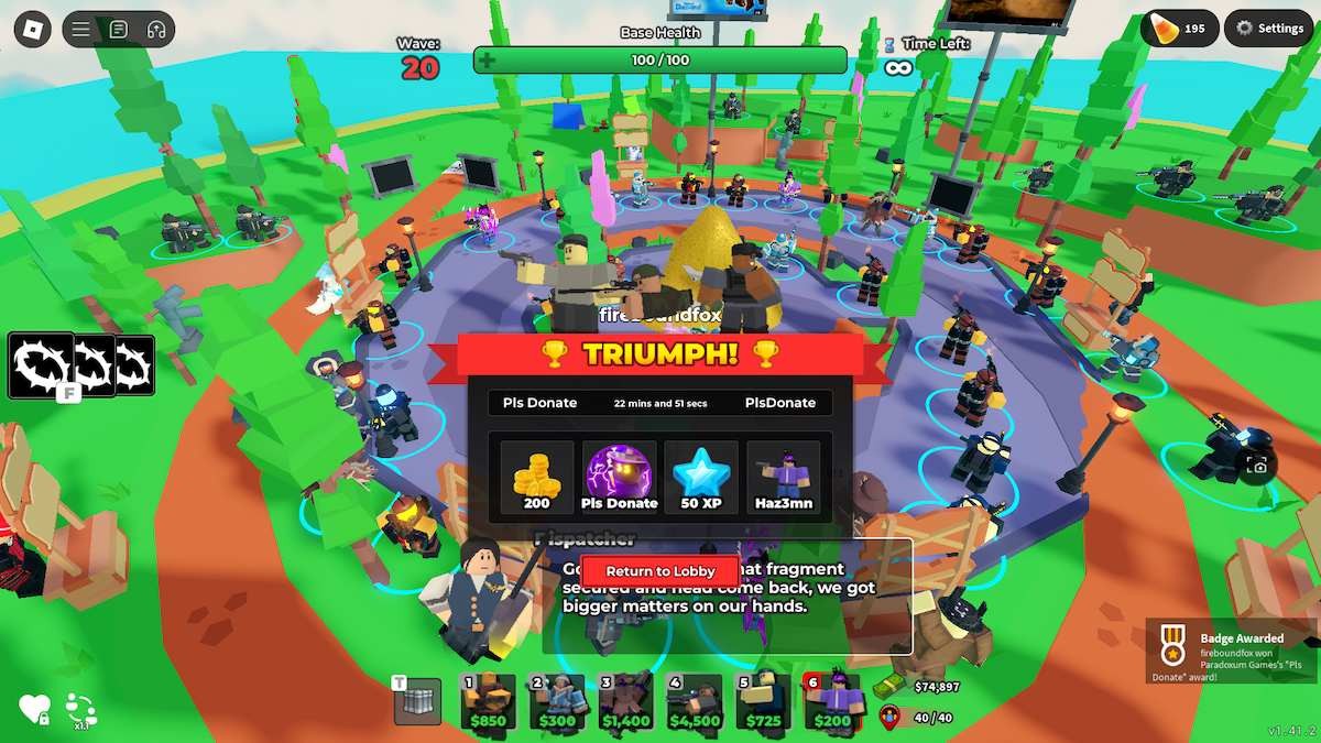 Chiến thắng sự kiện PLS DONATE x Tower Defense Simulator trong Roblox