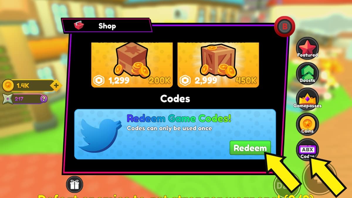 Chọn tab Codes trong cửa hàng Anime Sword Fighters Simulator
