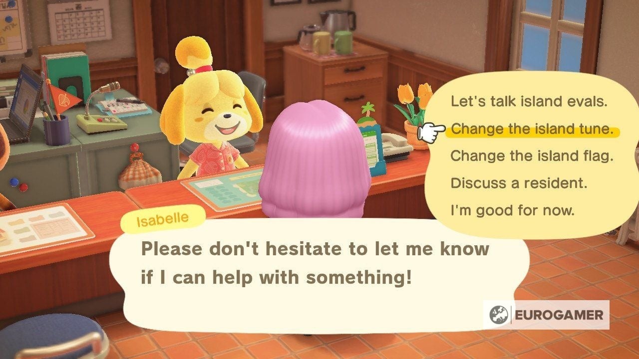 Chọn tùy chọn 'Thay đổi giai điệu đảo' khi nói chuyện với Isabelle trong Animal Crossing