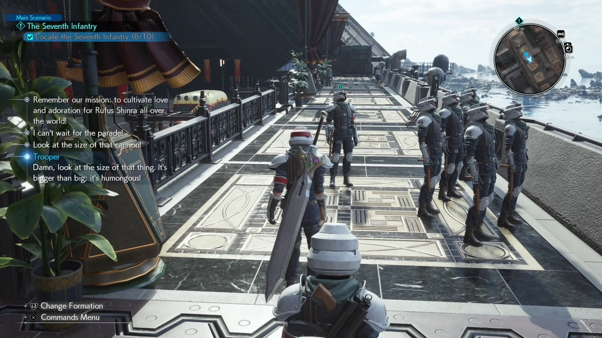 Cloud nhìn lính Shinra đang nhìn lên trời gần lan can trên Junon Main Street