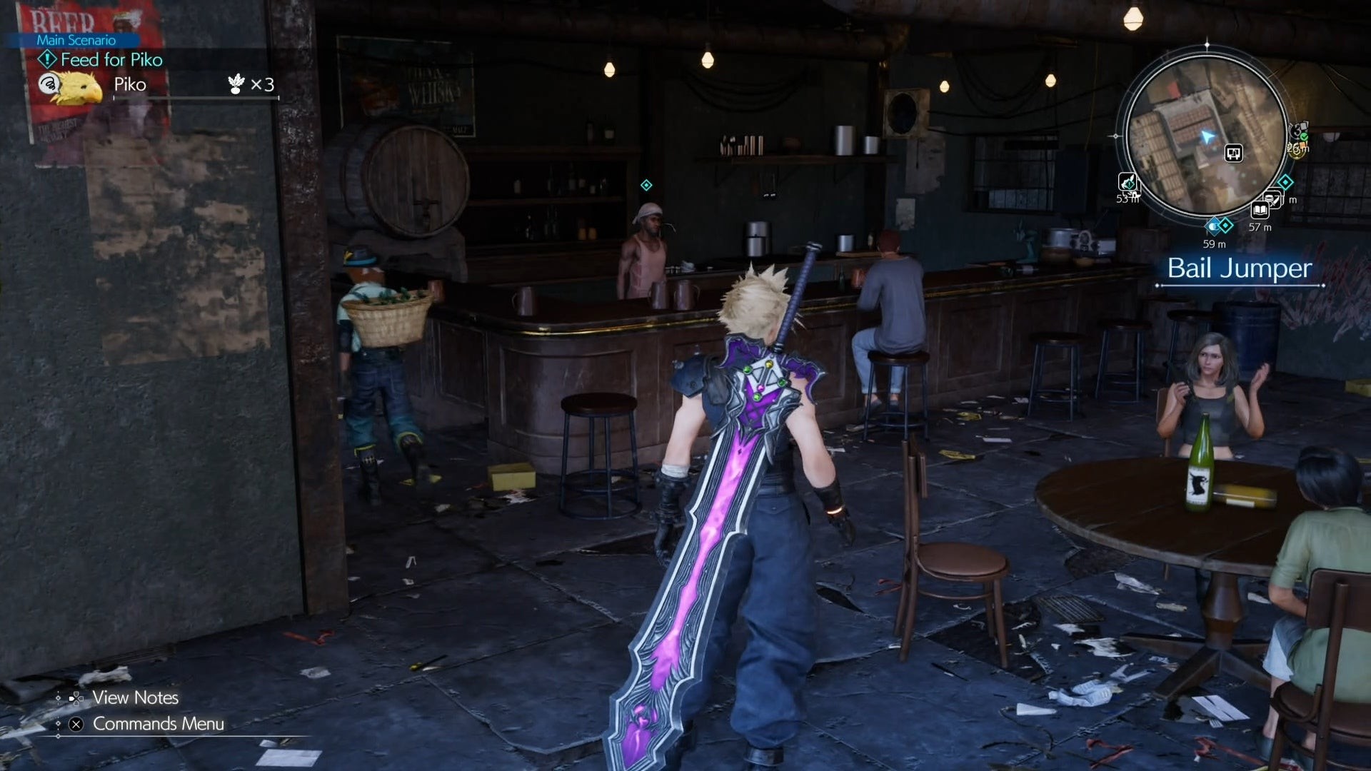 Cloud nhìn người pha chế trong quán bar Bail Jumper tại Nhà tù Corel trong Final Fantasy 7 Rebirth.