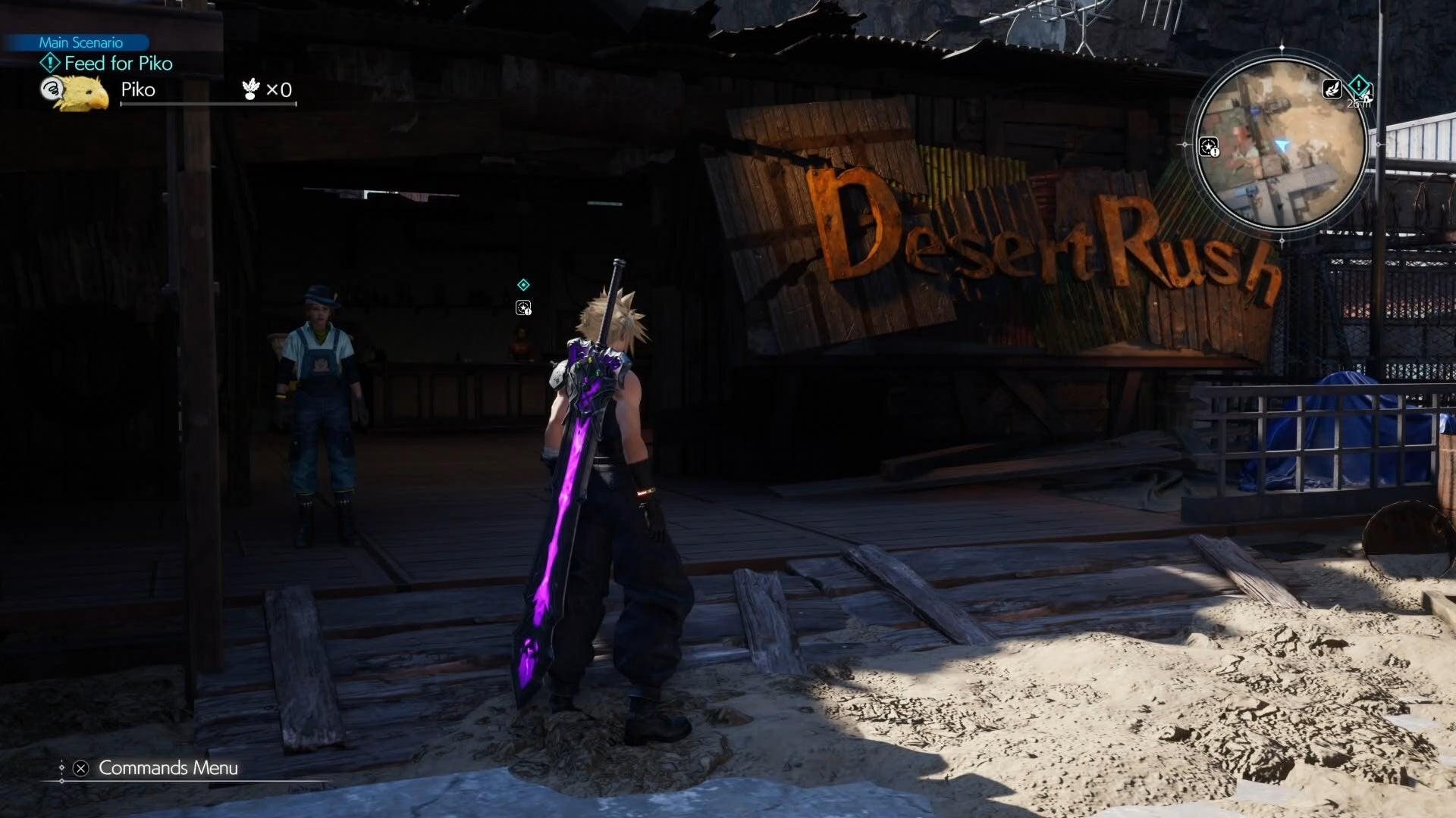 Cloud nhìn vào cửa hàng Corel Desert Rush trong Final Fantasy 7 Rebirth.