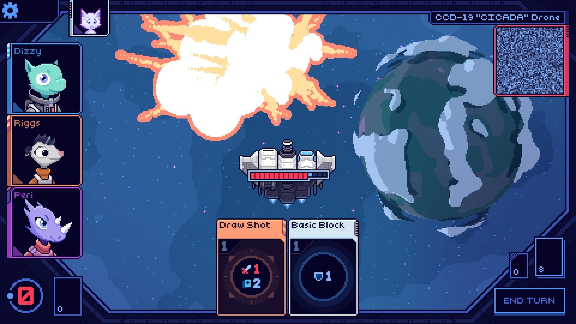 Cobalt Core: Một con tàu pixelated vừa phá hủy một con tàu khác.