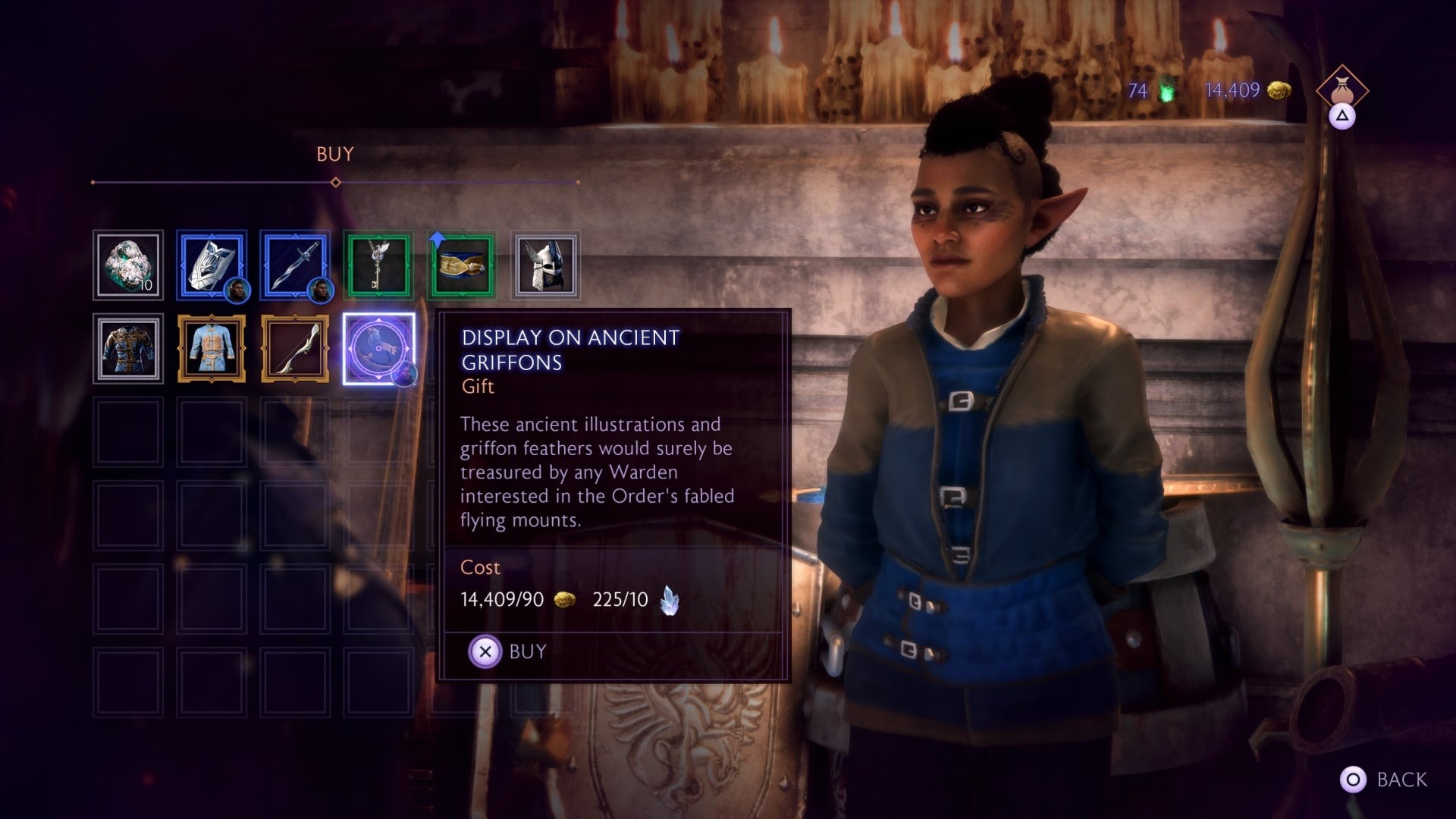 Cửa hàng Grey Warden bán hiện vật Griffon cho Davrin trong Dragon Age The Veilguard