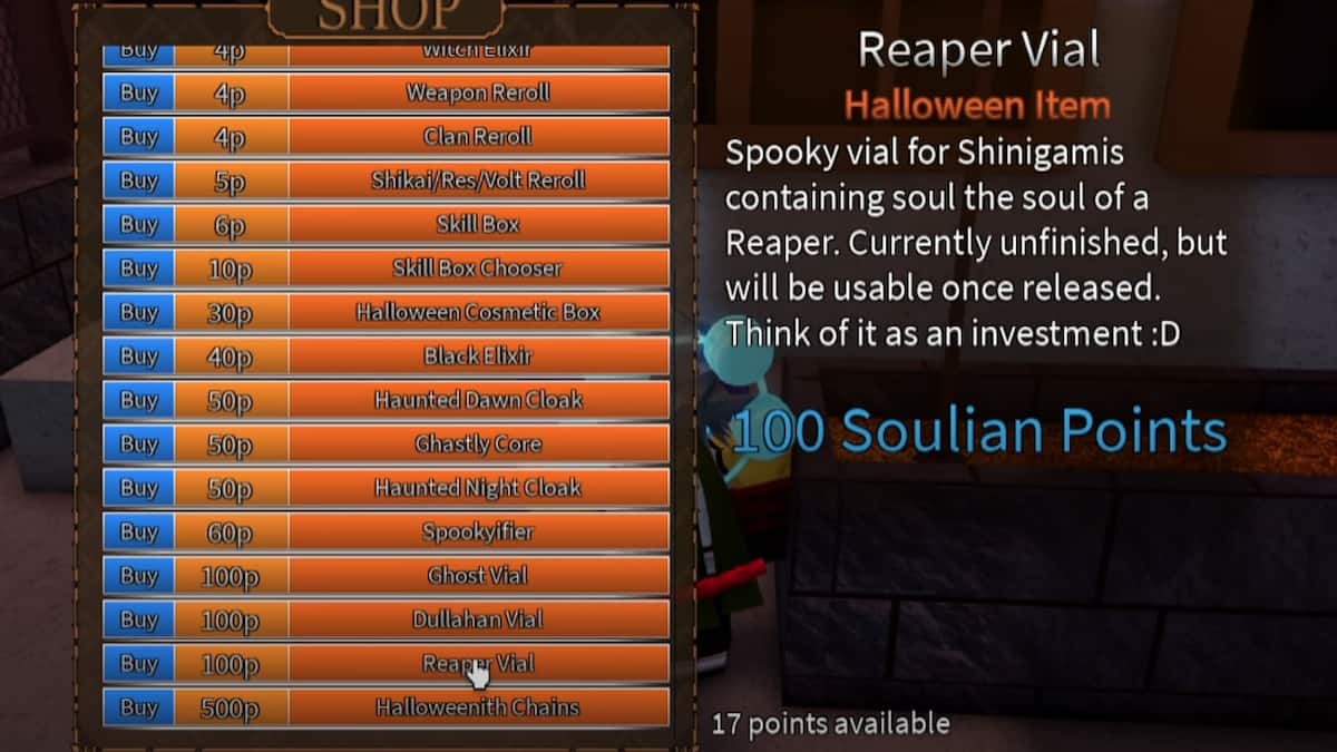 Cửa hàng vật phẩm Halloween của NPC Mysterious Witch trong Type Soul