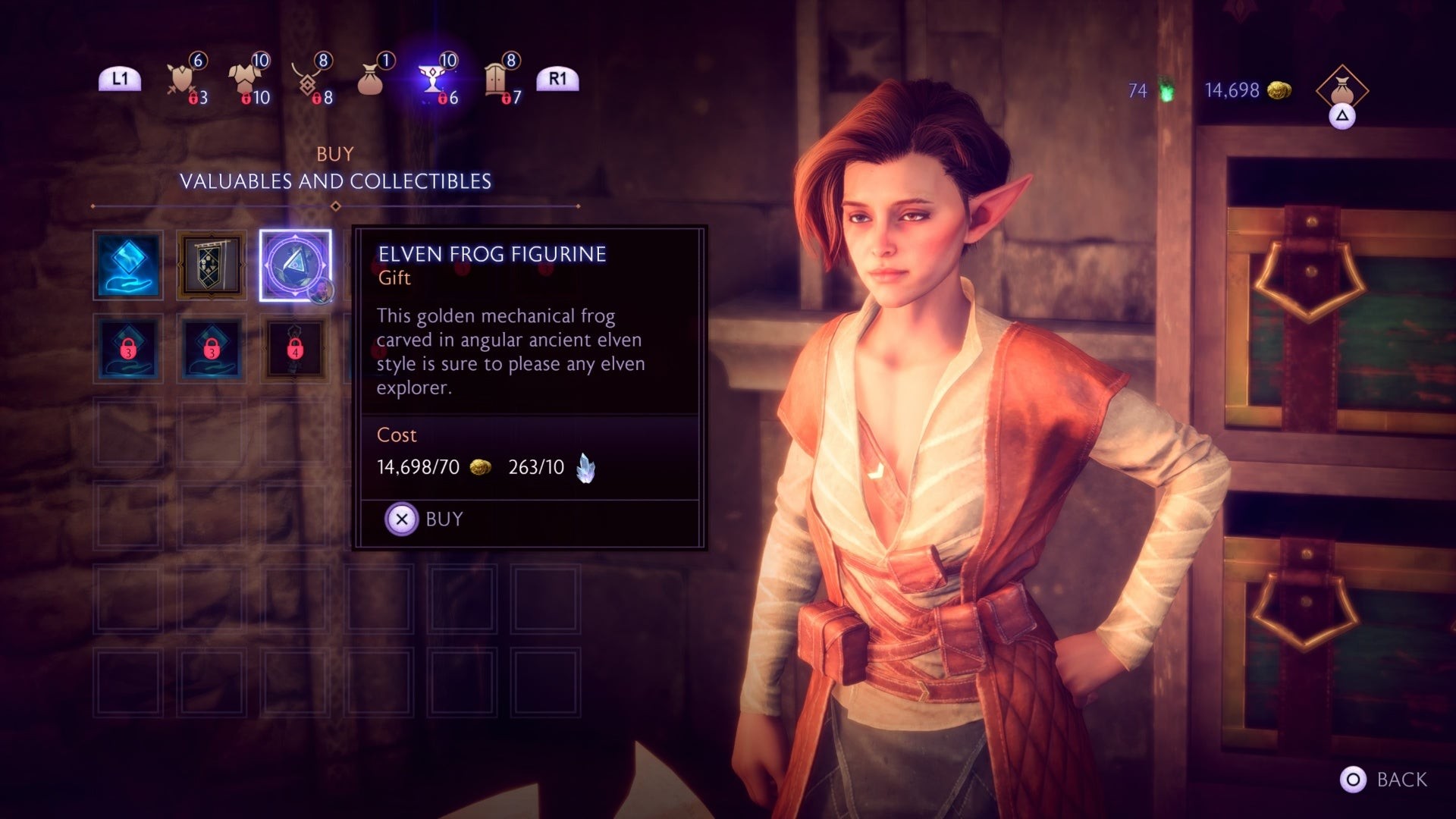 Cửa hàng Veil Jumper bán tượng ếch Elven cho Bellara trong Dragon Age The Veilguard