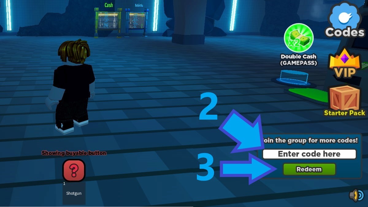 Cửa sổ nhập code trong Secret Base Tycoon với nút Redeem