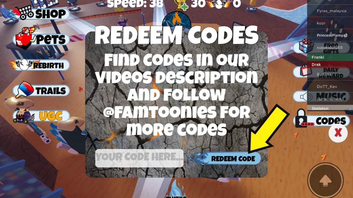 Cửa sổ nhập code trong Swap Riders Speed Simulator với ô nhập liệu và nút Redeem