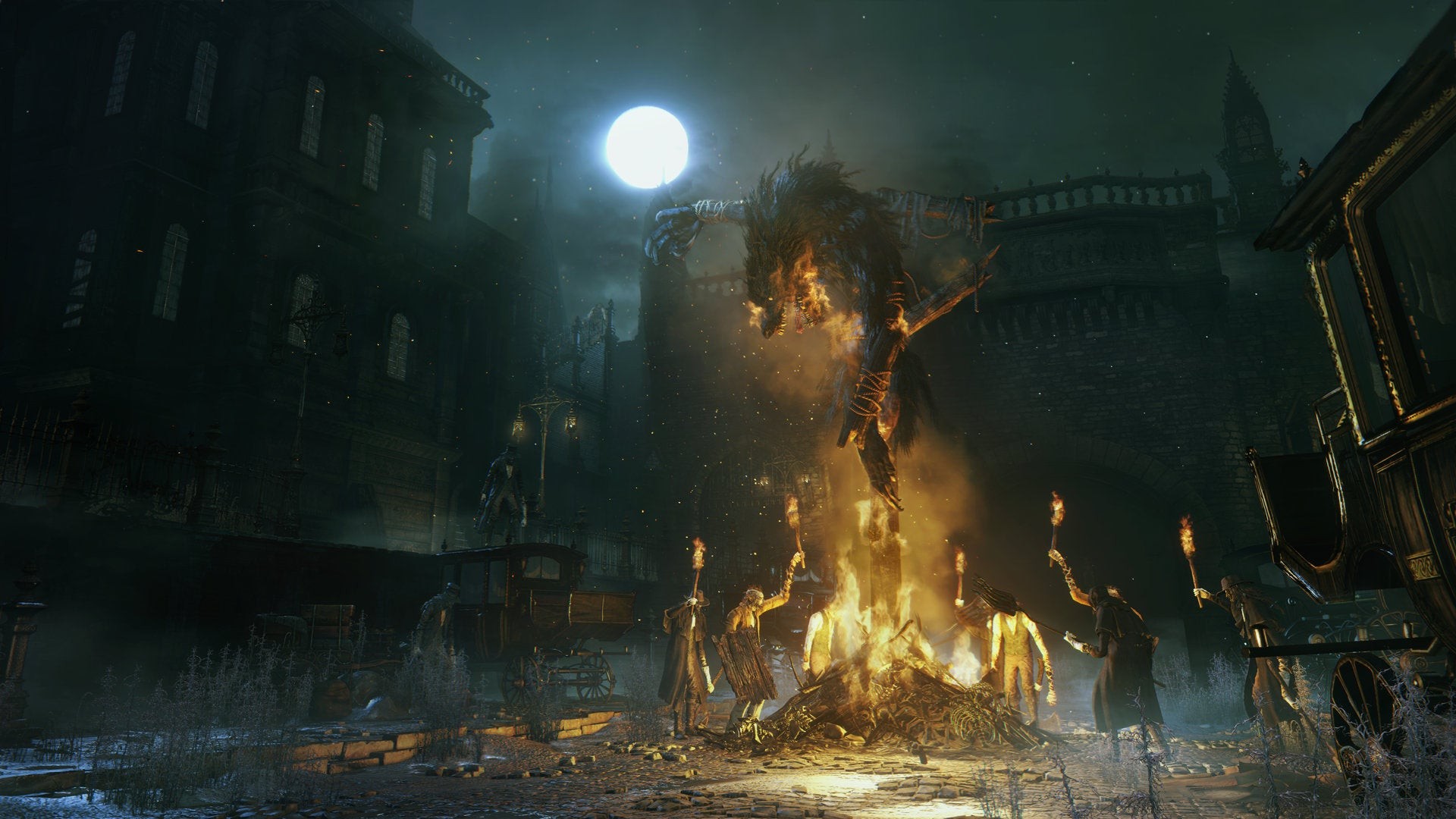 Dân làng biến thành quái thú trong Bloodborne tụ tập quanh đống lửa