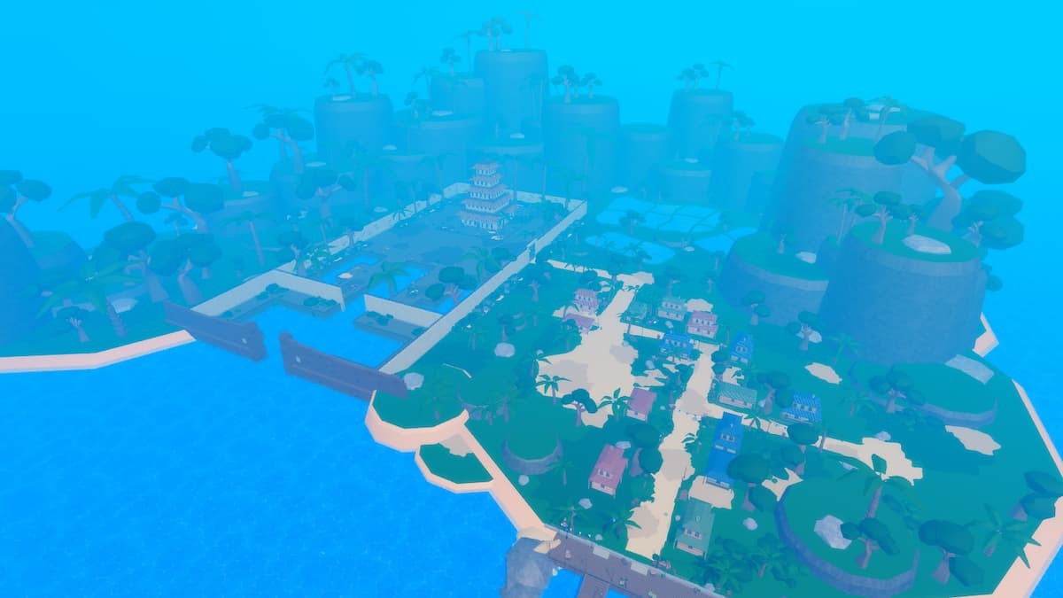Đảo Arlong Park rộng lớn với khu dân cư và bến cảng được bao bọc bởi núi trong Legacy Piece