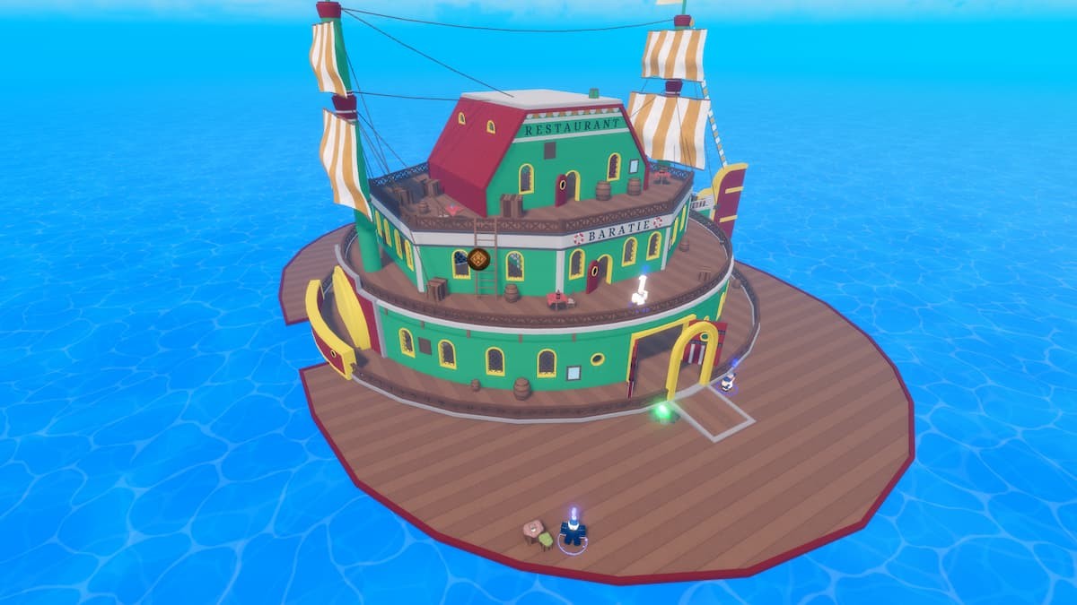 Đảo nhân tạo Baratie với nhà hàng nổi và tàu Going Merry cập bến trong Legacy Piece