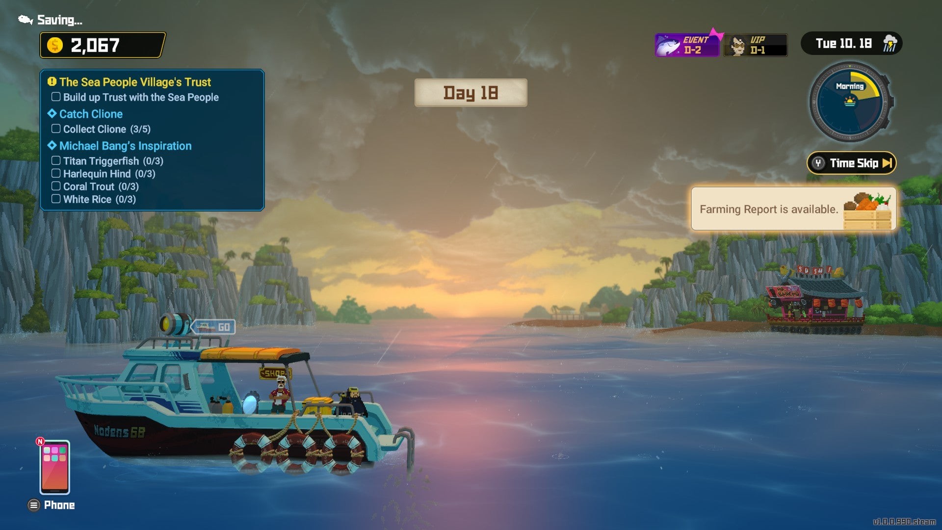 Dave the Diver: Bình minh với ánh sáng vàng, một con tàu nổi trên mặt nước.