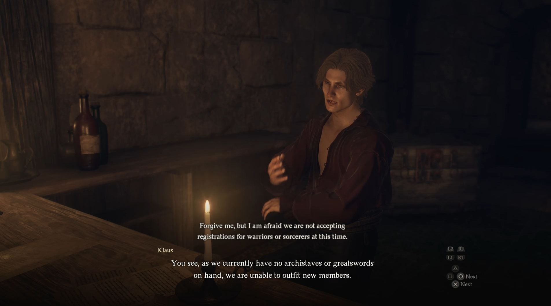 Đối thoại với Klaus về việc thiếu vũ khí cho Sorcerer và Warrior trong Dragon's Dogma 2