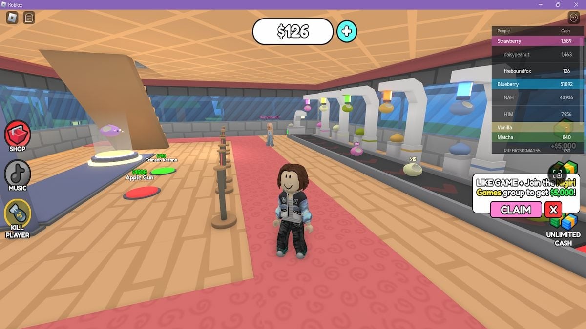 Đứng bên trong một nhà hàng mochi khá thưa thớt trong Mochi Tycoon trên Roblox.