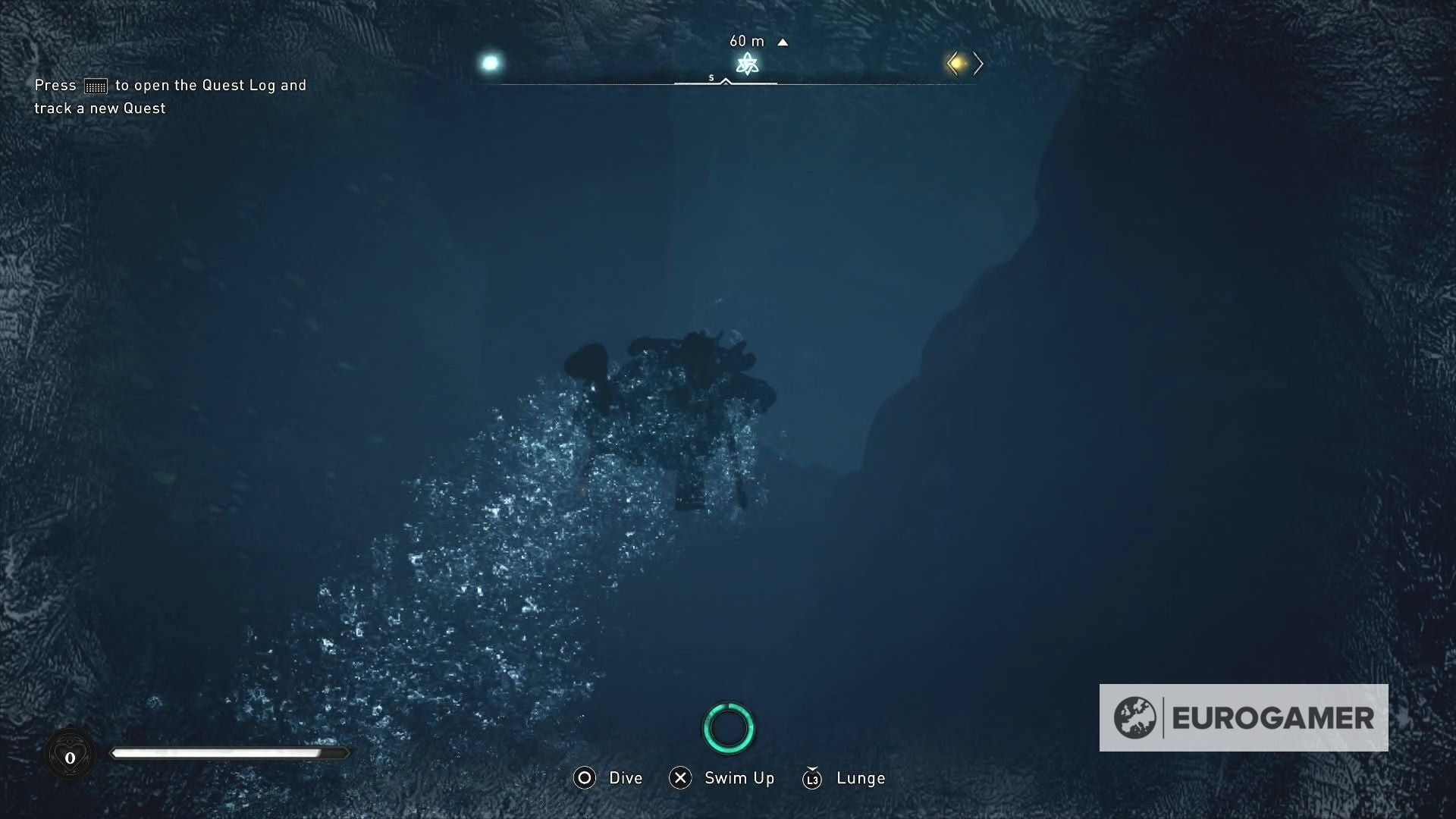 Eivor lặn xuống đường hầm dưới nước trong hồ để tìm chiếc lược bị mất của Bil trong AC Valhalla.