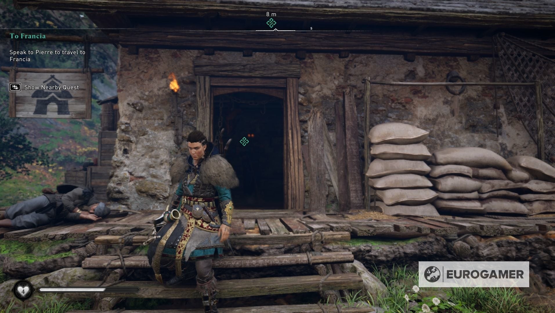 Eivor nói chuyện với Pierre chuẩn bị lên đường đến Francia trong DLC The Siege of Paris của AC Valhalla