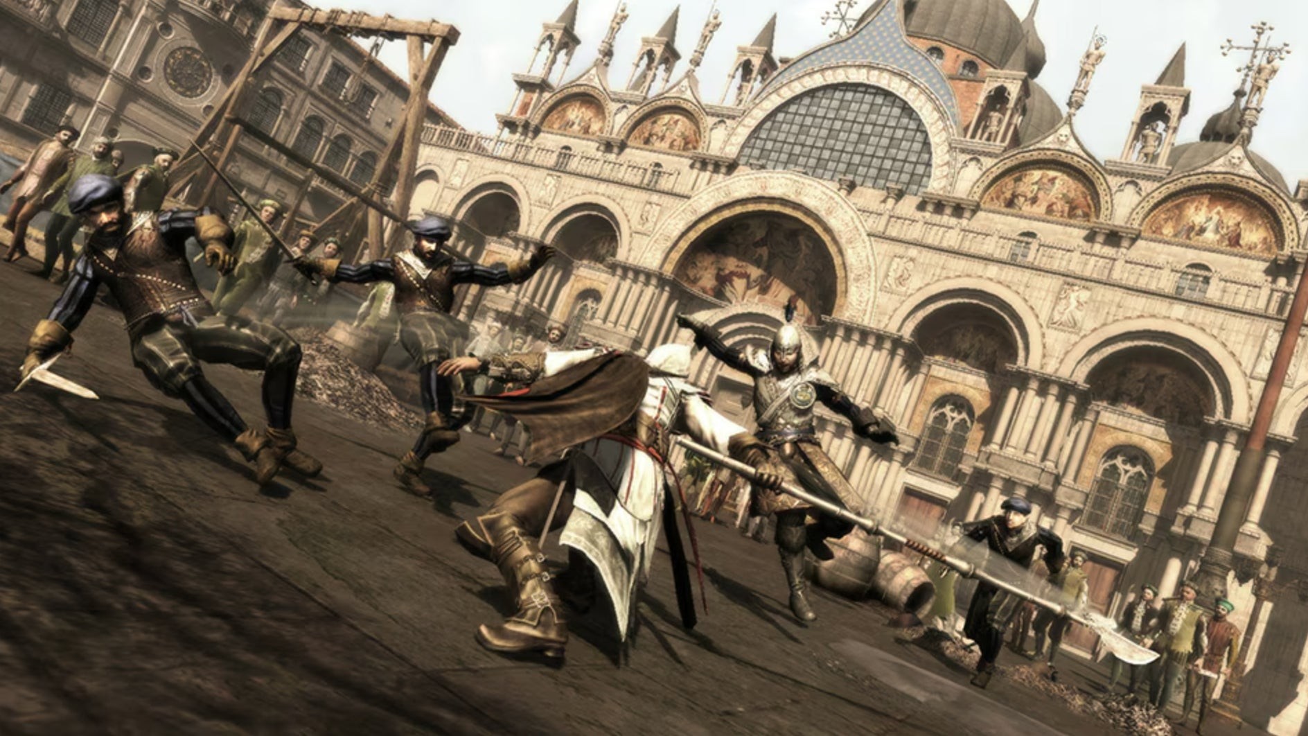 Ezio chiến đấu với một nhóm lớn kẻ thù trong thời kỳ Phục hưng ở Ý trong Assassin's Creed 2