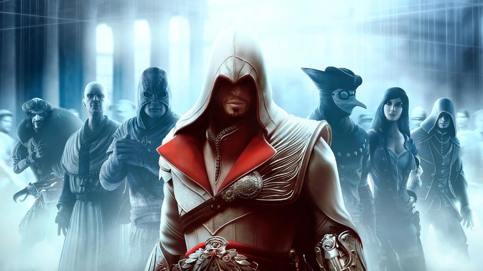 Ezio cùng với các nhân vật khác trong tranh quảng cáo của Assassin's Creed Brotherhood
