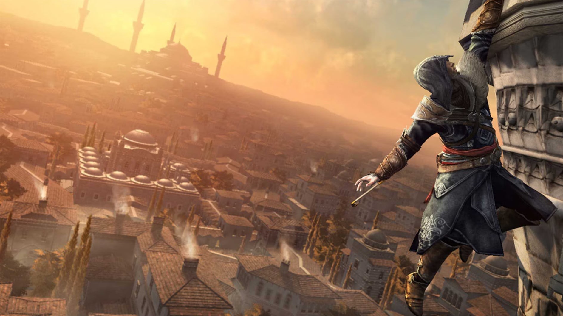 Ezio già nua bám vào bên cạnh của một tháp trong Assassin's Creed Revelations