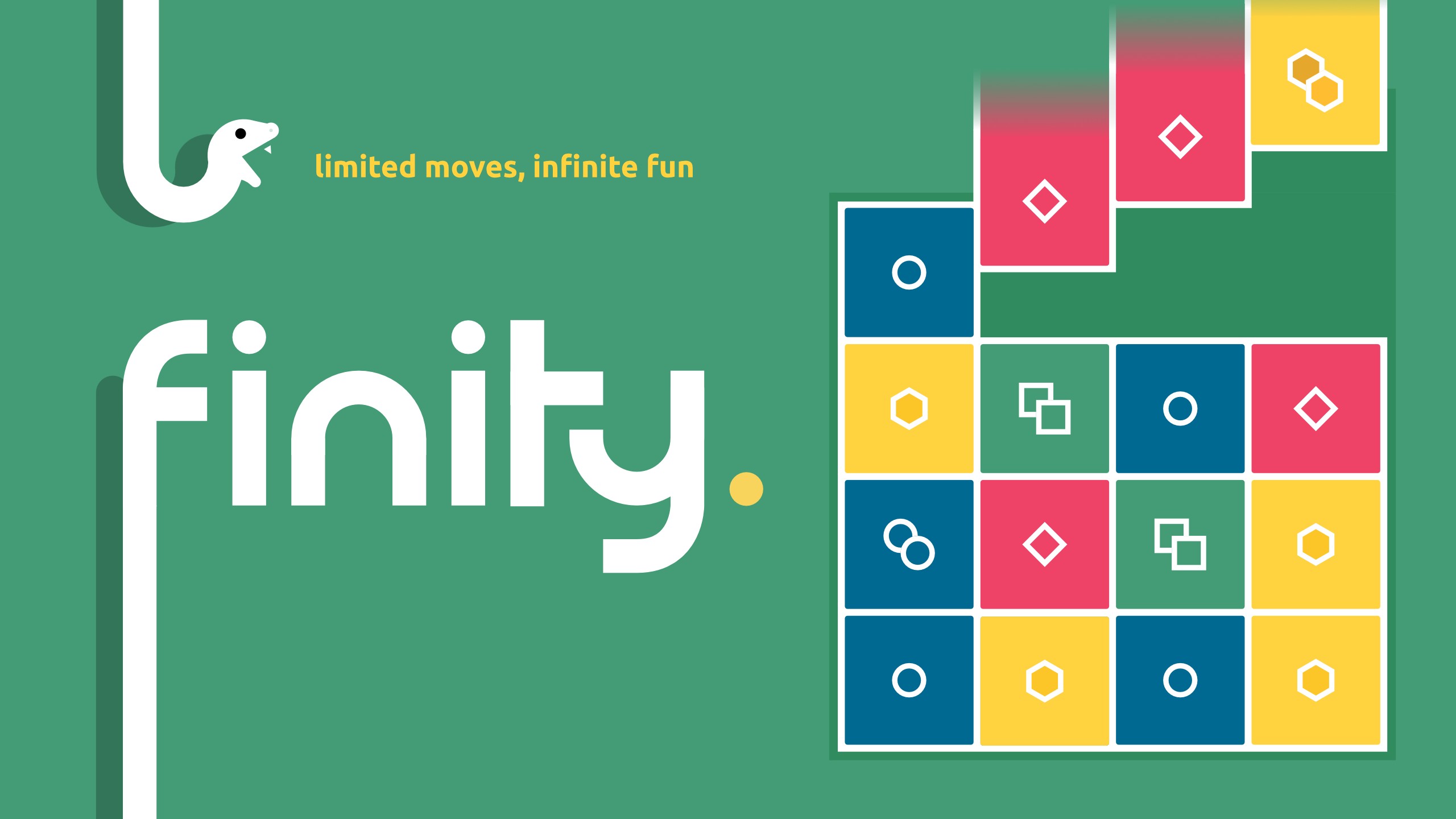 Finity: Logo với bảng trò chơi màu sắc bên phải.