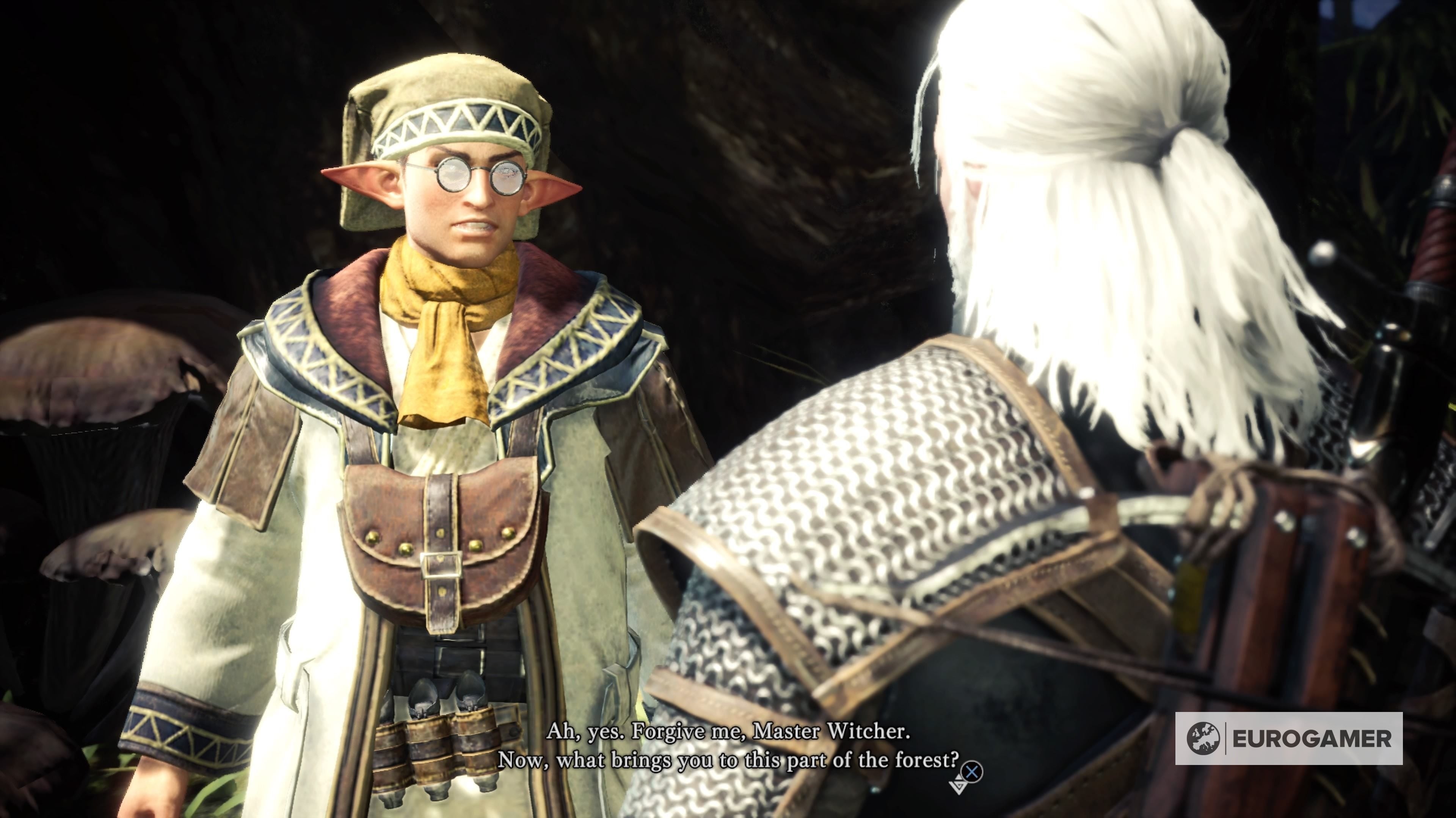 Geralt dùng phép Igni để giải thoát Nhà Thực vật học Trưởng đang bị kẹt trong rễ cây ma thuật.