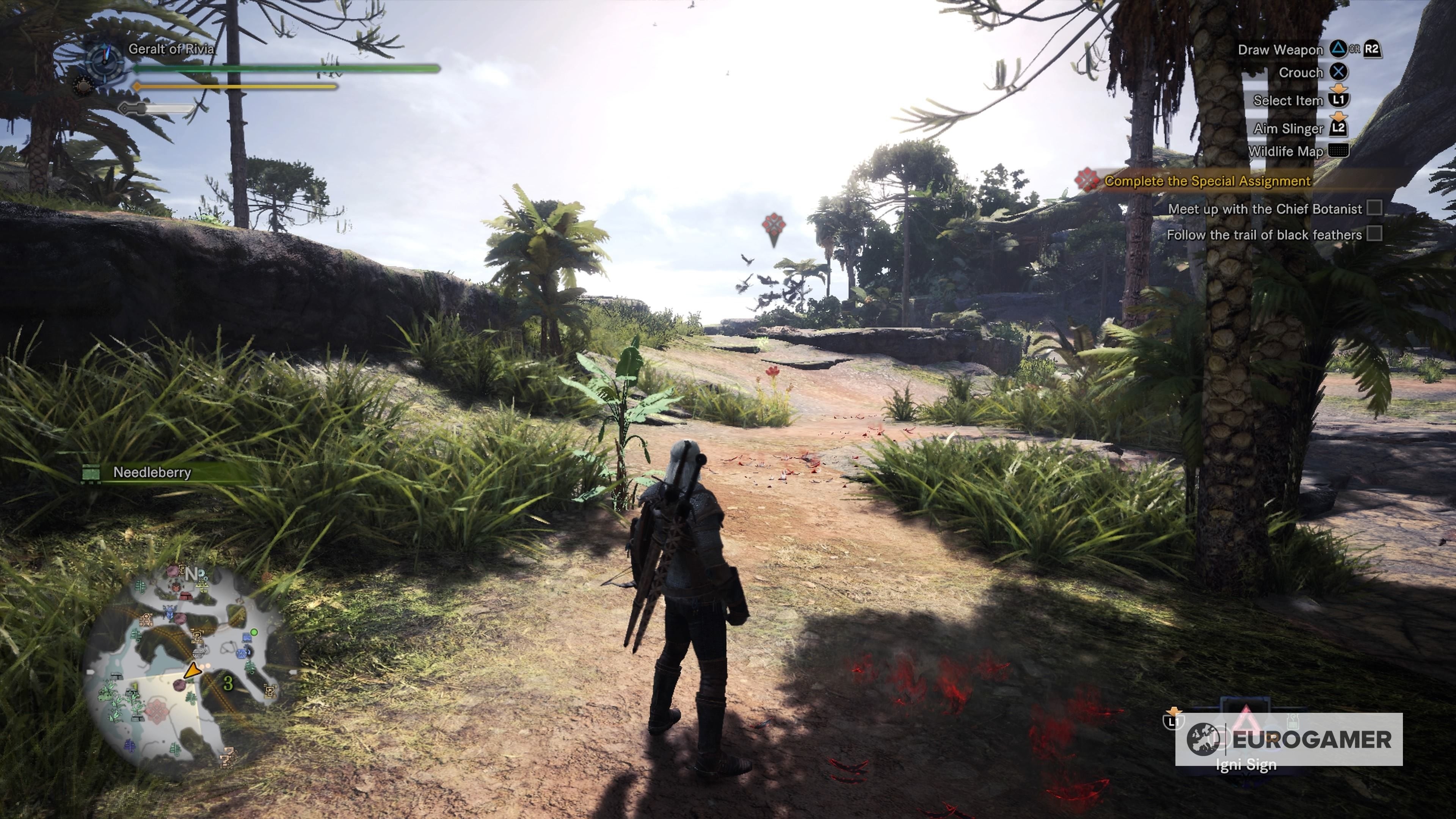 Geralt dùng phép Igni để xua đuổi bầy chim Revolture đang tấn công trong Monster Hunter World.