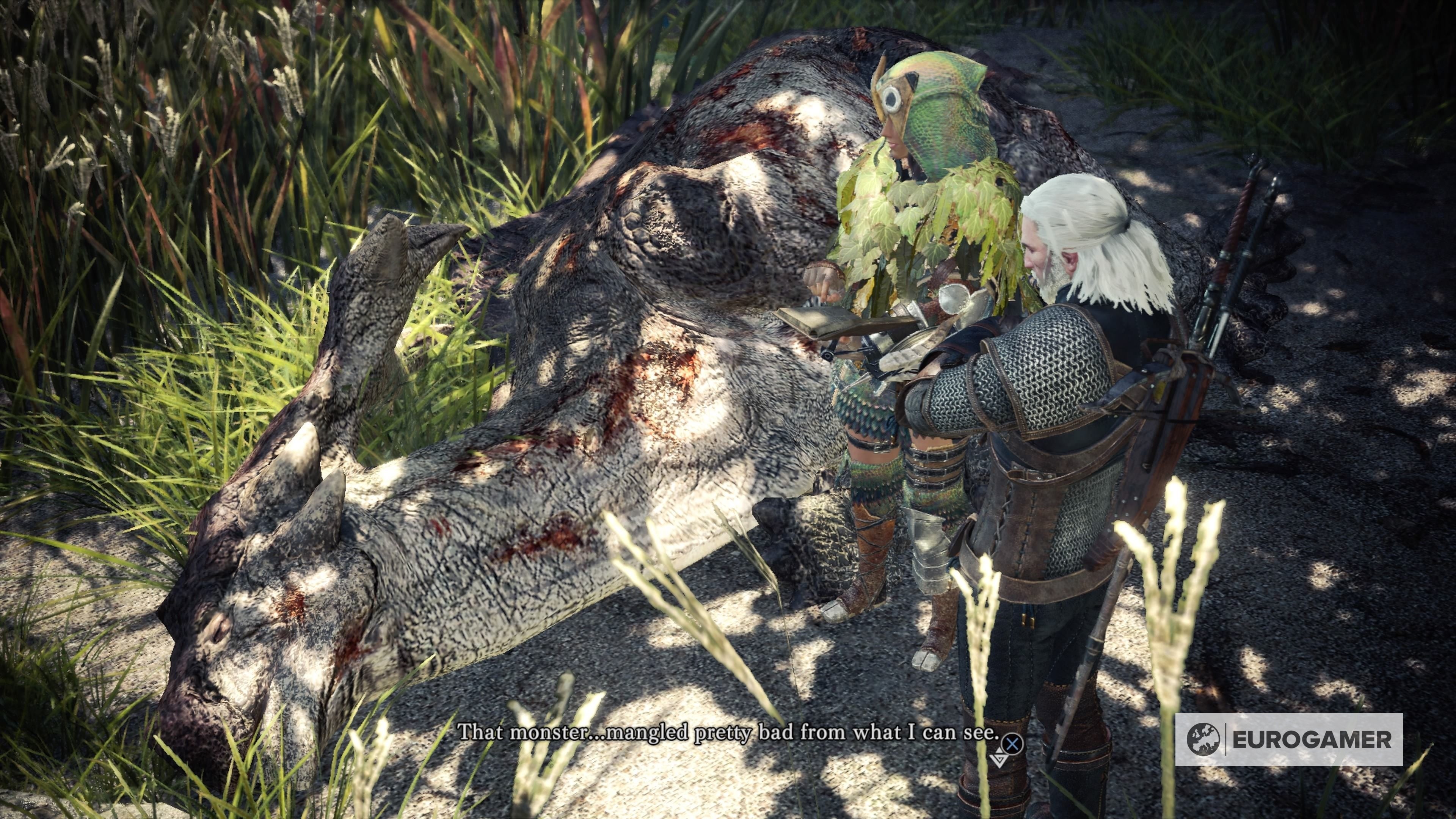 Geralt sử dụng Witcher Senses để kiểm tra dấu vết và xác Aptonoth tại hiện trường vụ tấn công.