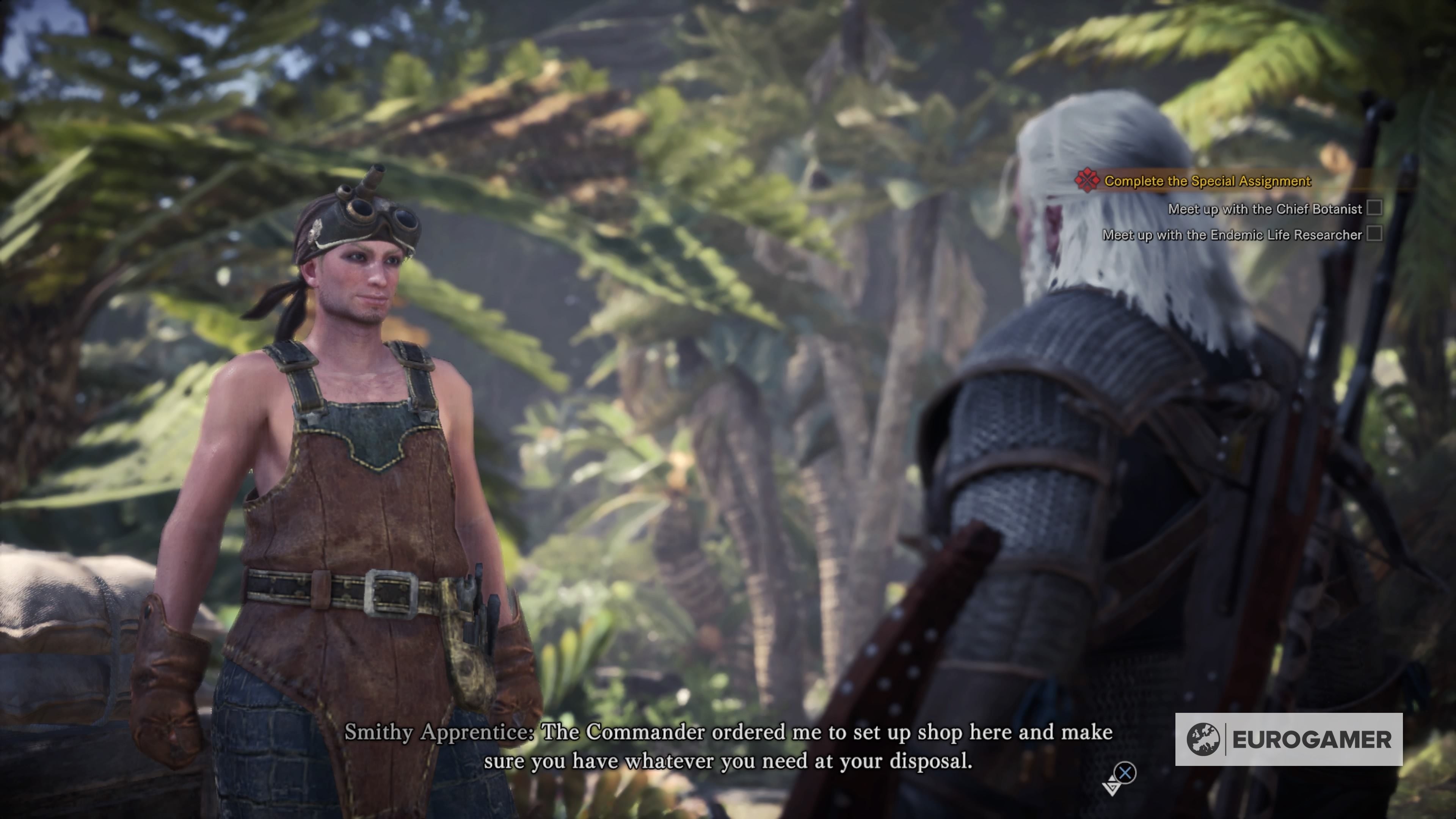Geralt với giao diện người chơi đặc trưng của The Witcher trong Monster Hunter World, hiển thị thanh máu và biểu tượng phép Igni.