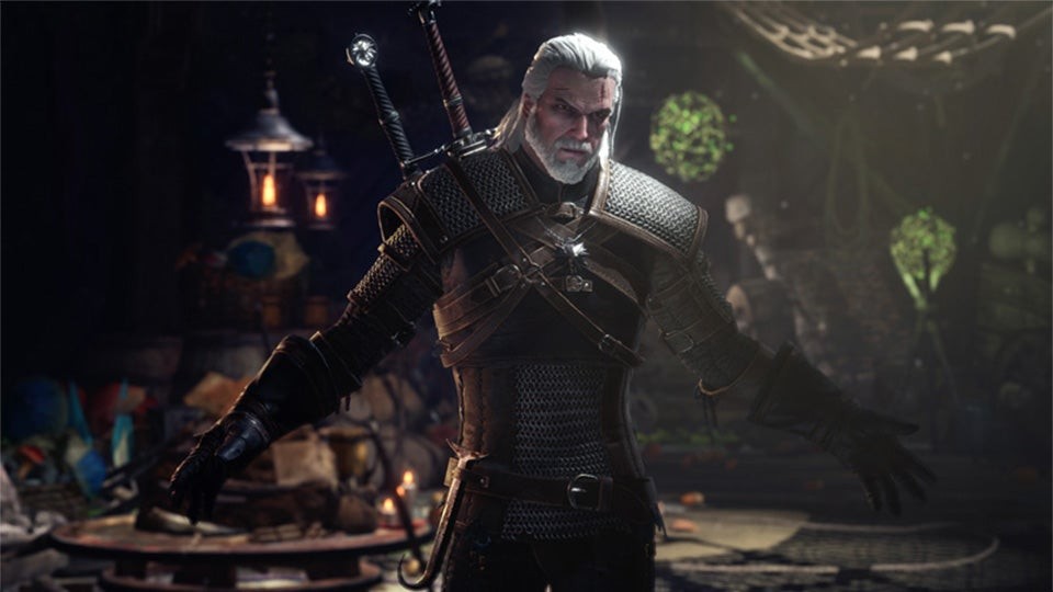 Geralt xứ Rivia xuất hiện tại Căn cứ Nghiên cứu trong Monster Hunter World qua một cánh cổng không gian.