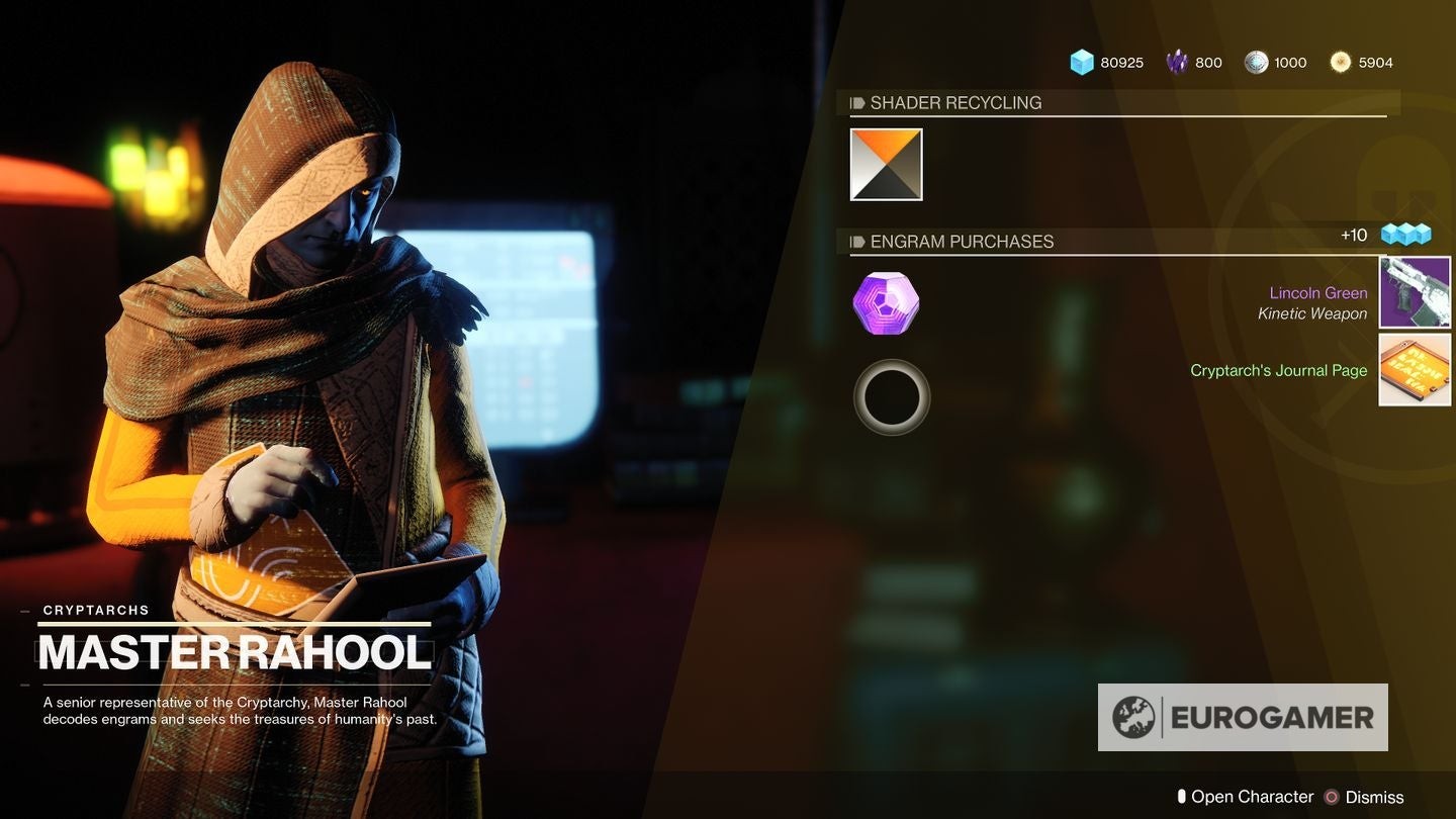 Giải mã Engram tại Cryptarch để nhận trang nhật ký nhiệm vụ Thunderlord
