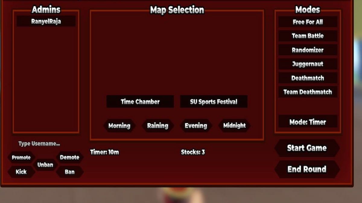 Giao diện Admin Menu trong server riêng Shonen Unleashed để quản lý người chơi