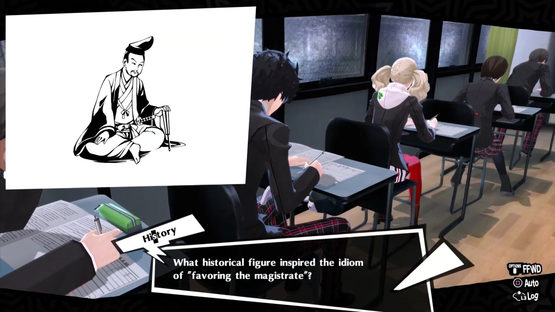Giao diện câu hỏi kiểm tra trong Persona 5 Royal với lựa chọn đáp án
