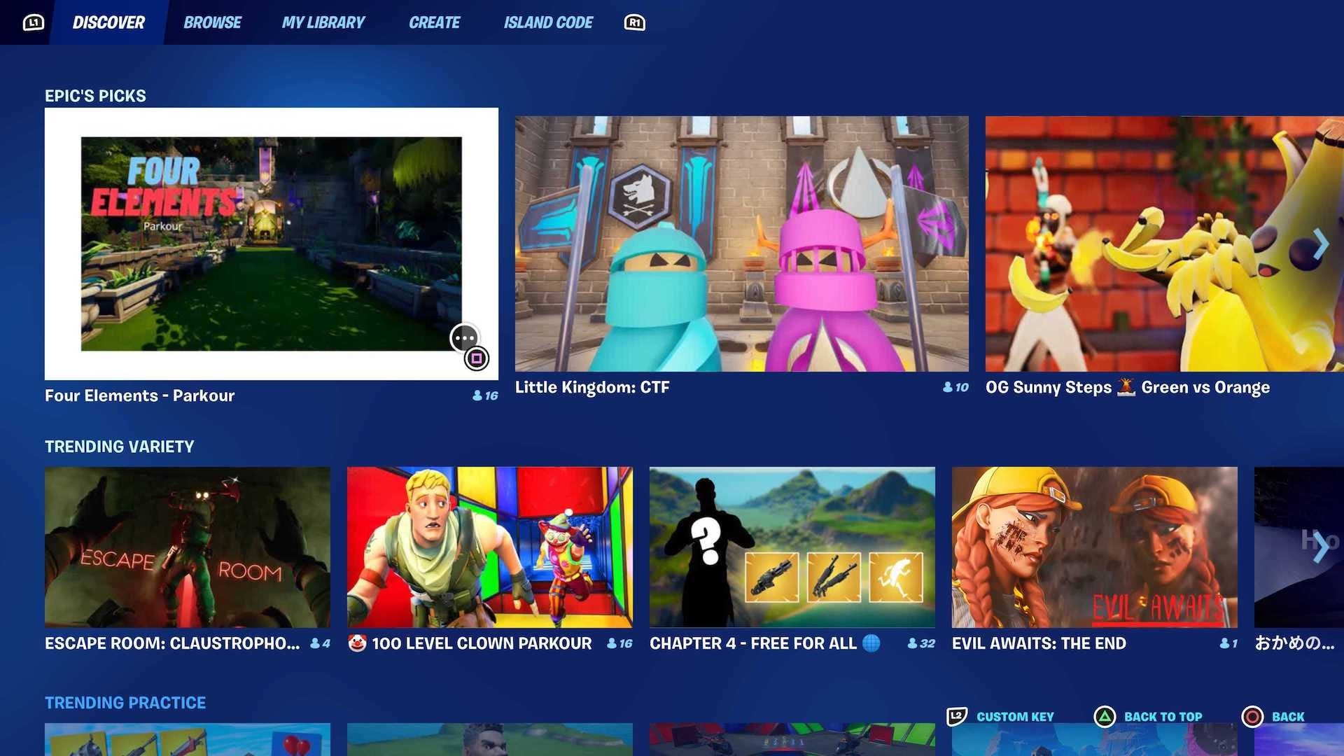 Giao diện chế độ Sáng tạo Fortnite nơi người chơi có thể kiếm XP
