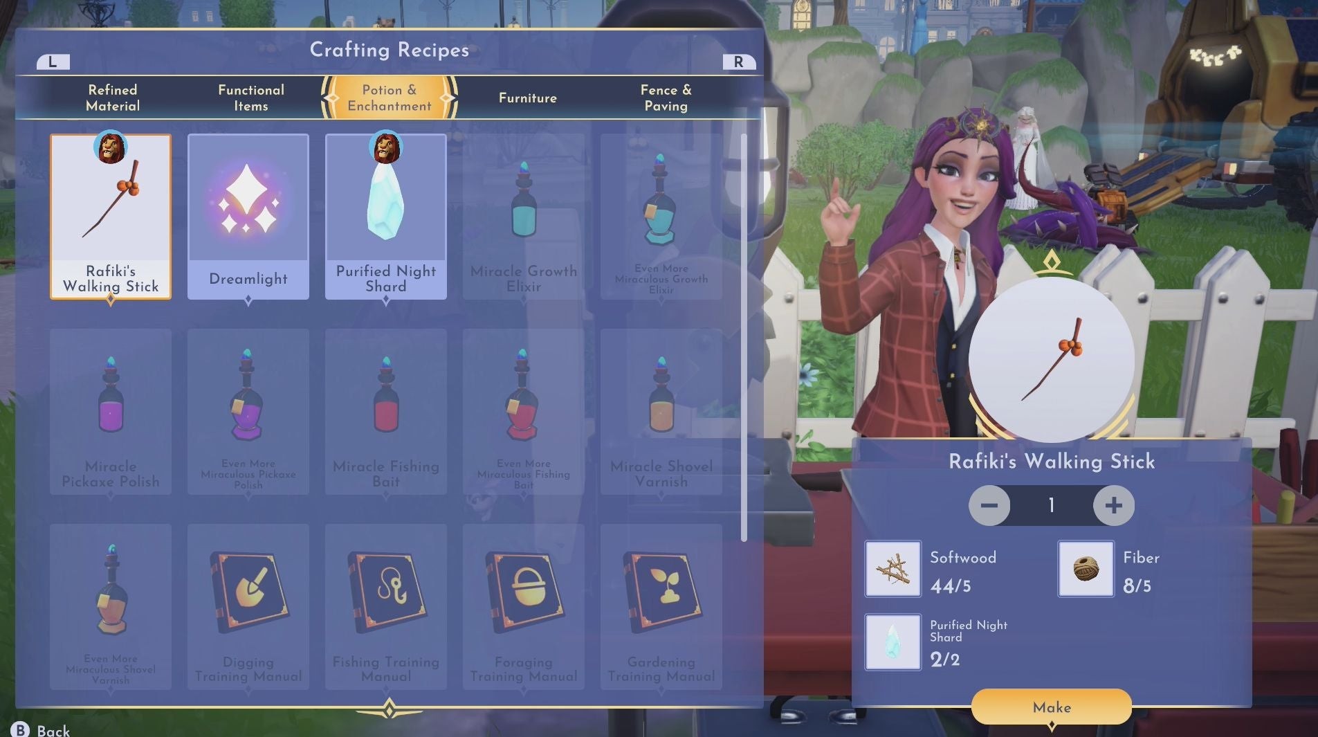Giao diện chế tạo hiển thị nguyên liệu cần thiết cho Gậy của Rafiki trong Disney Dreamlight Valley