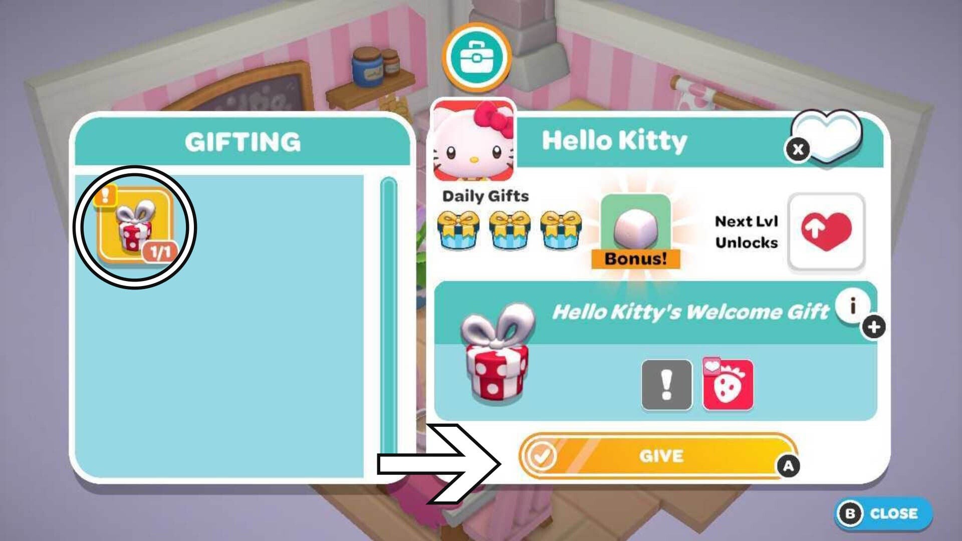 Giao diện chọn quà tặng cho My Melody trong Hello Kitty Island Adventure