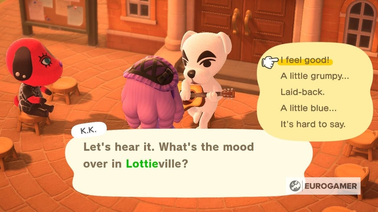 Giao diện chọn tâm trạng để K.K. Slider chơi nhạc theo yêu cầu trong Animal Crossing