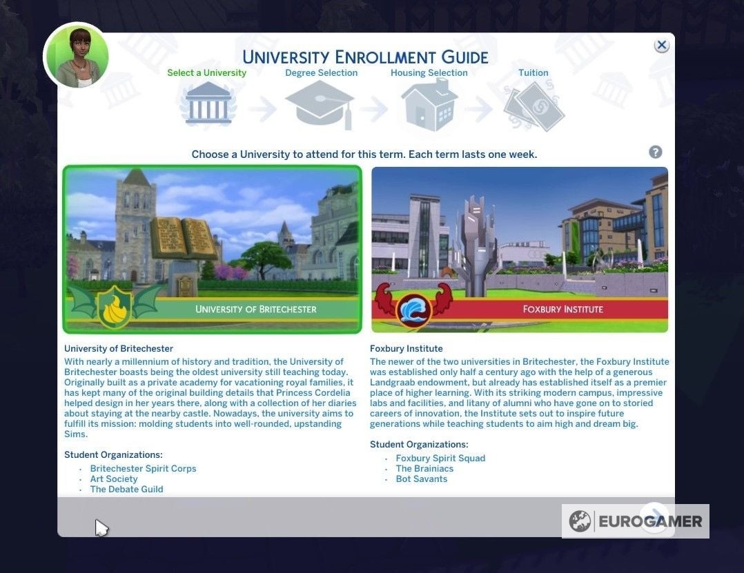 Giao diện chọn trường và ngành học khi đăng ký đại học trong Sims 4